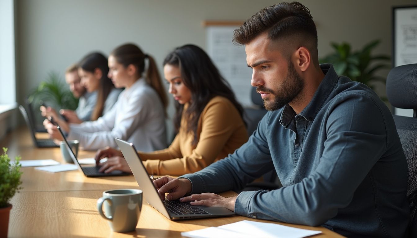 A lively office scene with professionals focused on sales tasks.