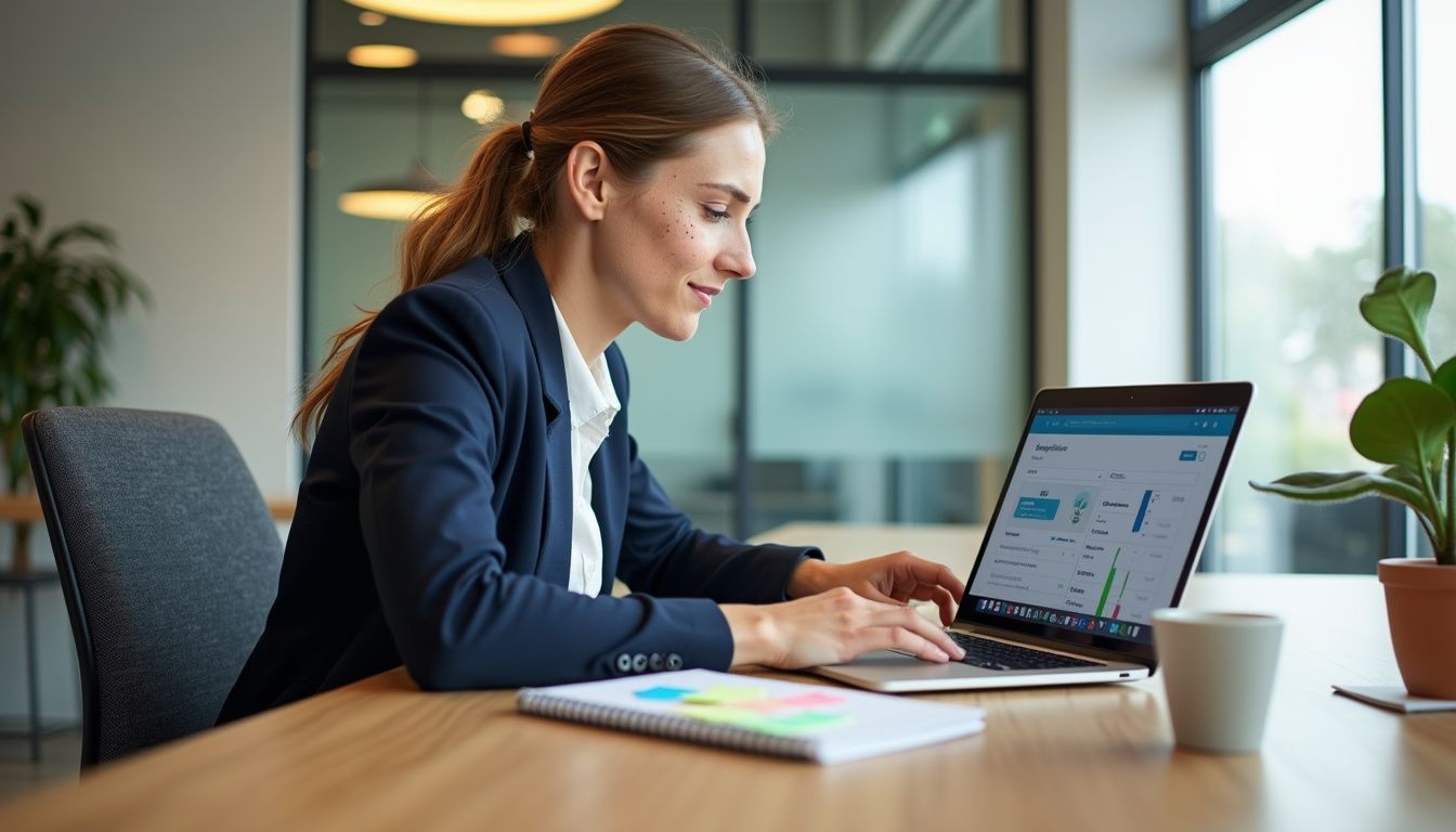 A focused woman engages with her laptop in a modern office.