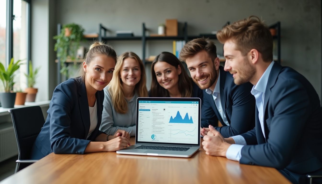 A sales team collaborates around a laptop displaying performance metrics.