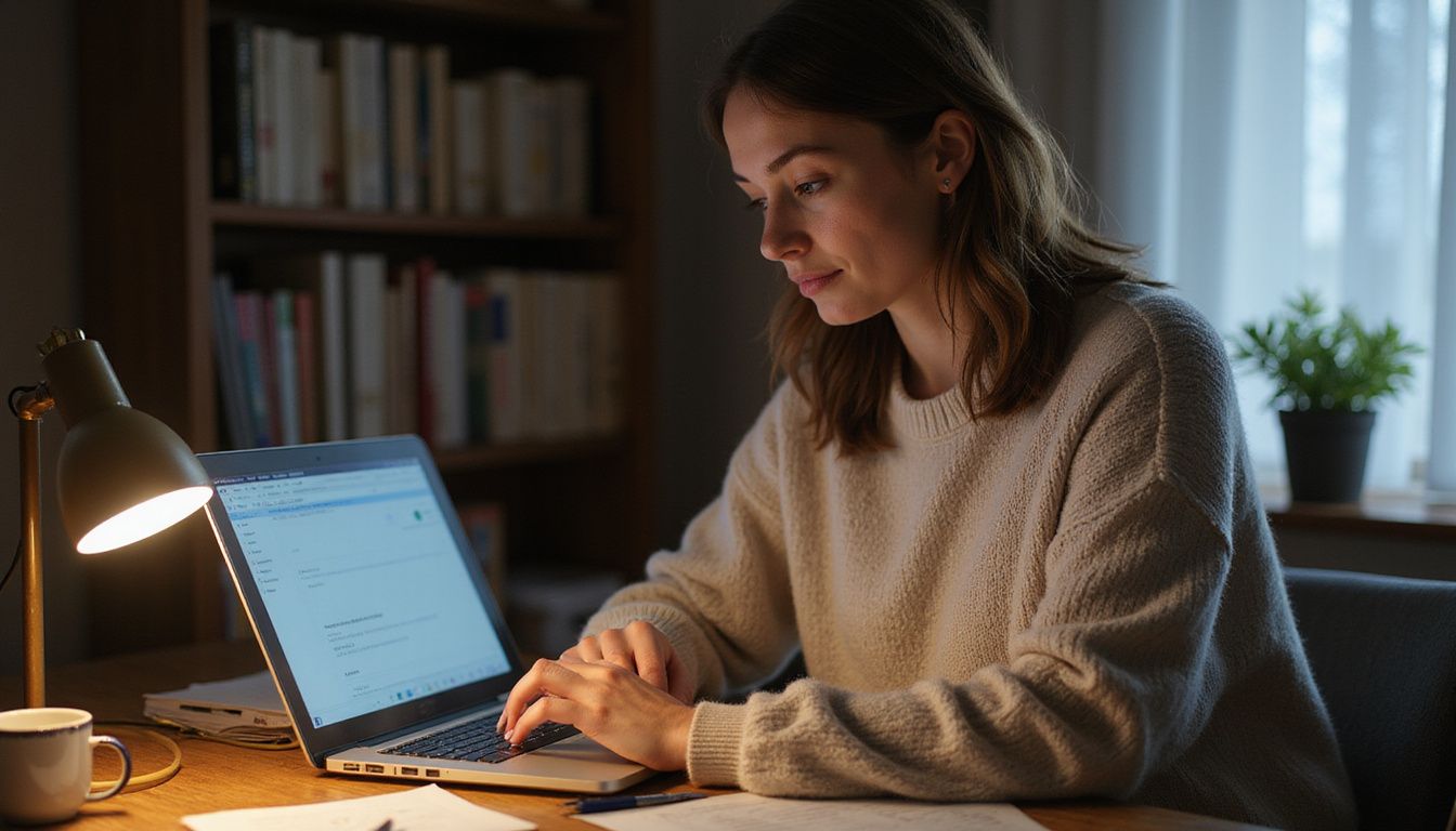 A woman focused on her laptop sits at a cluttered wooden desk.