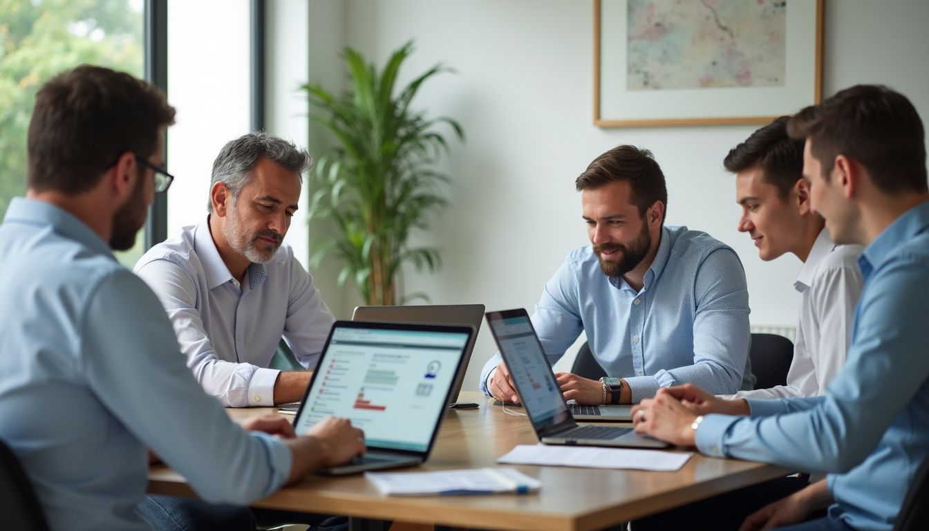 A sales team collaborates around a modern conference table in an office.