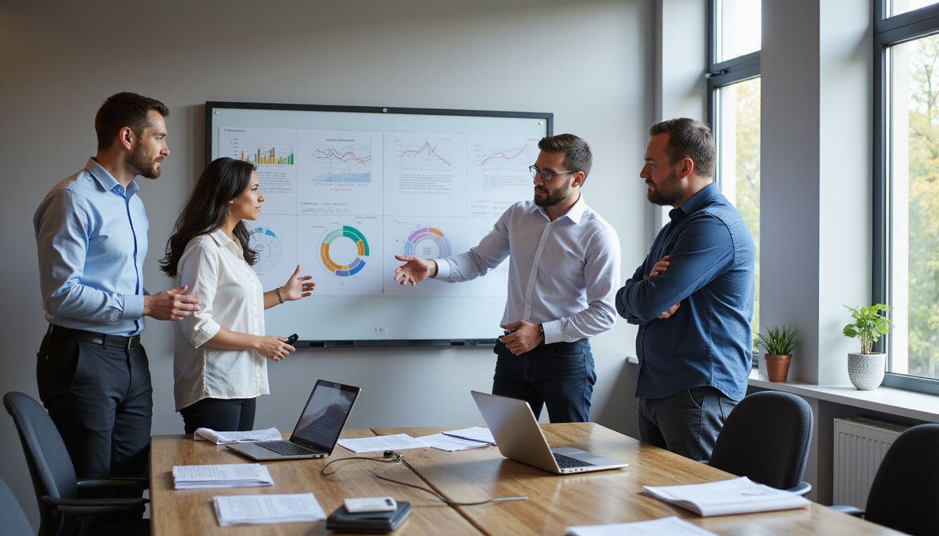 Sales professionals collaborate around a whiteboard displaying sales objectives.