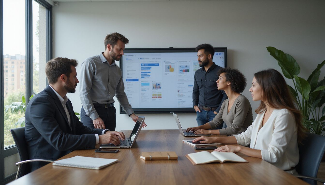 Sales professionals collaborate around a digital kanban board in a modern office.