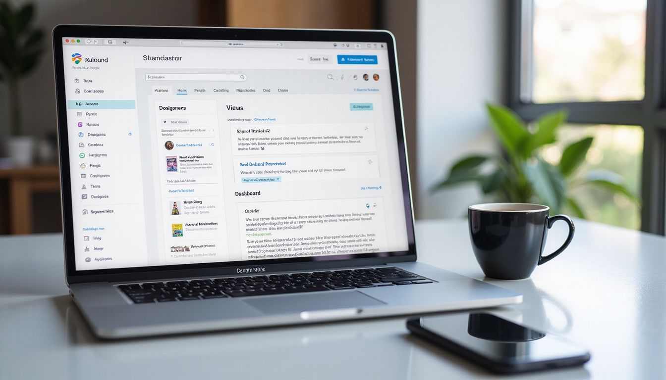 A modern office desk with a laptop, coffee, and smartphone notifications.