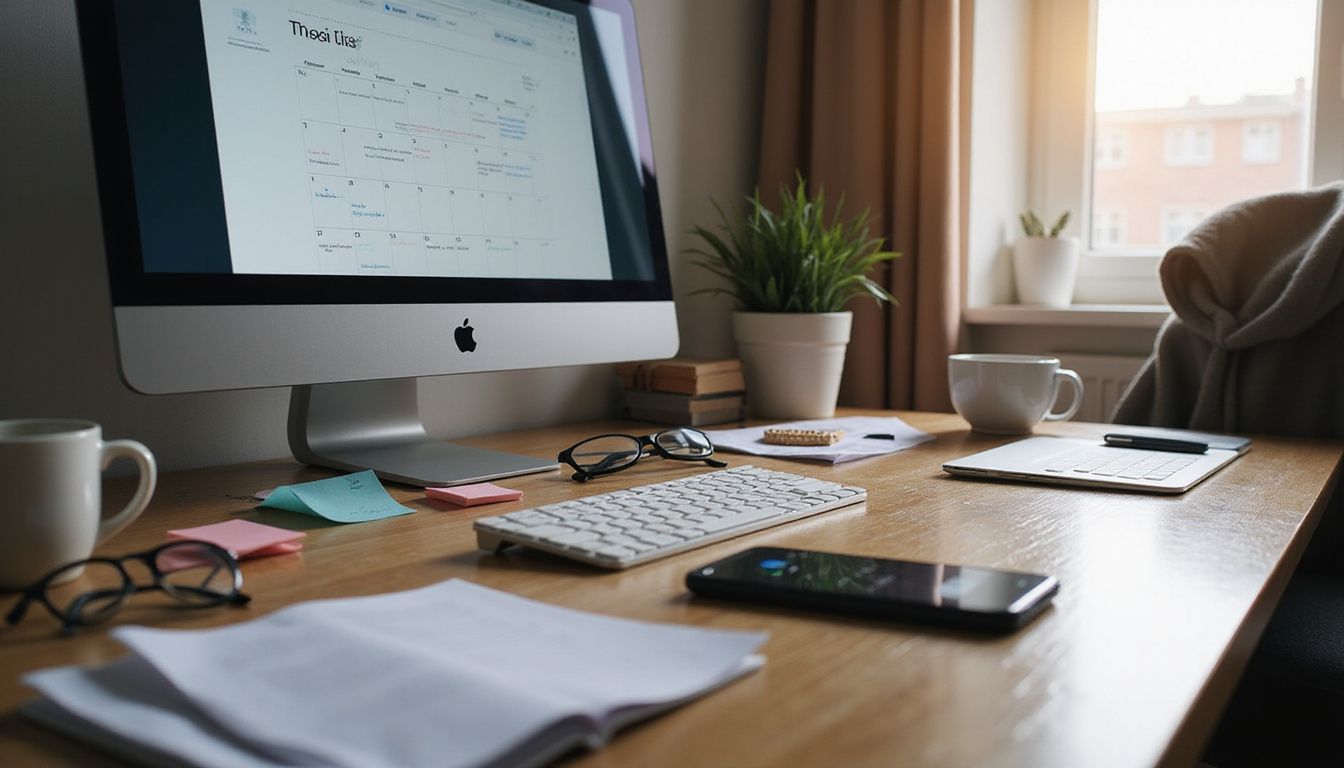 A cluttered desk featuring a computer, coffee mug, and smartphone.