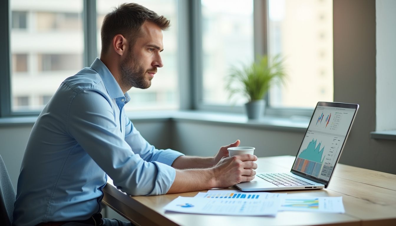 A focused businessman analyses data at a minimalist desk.