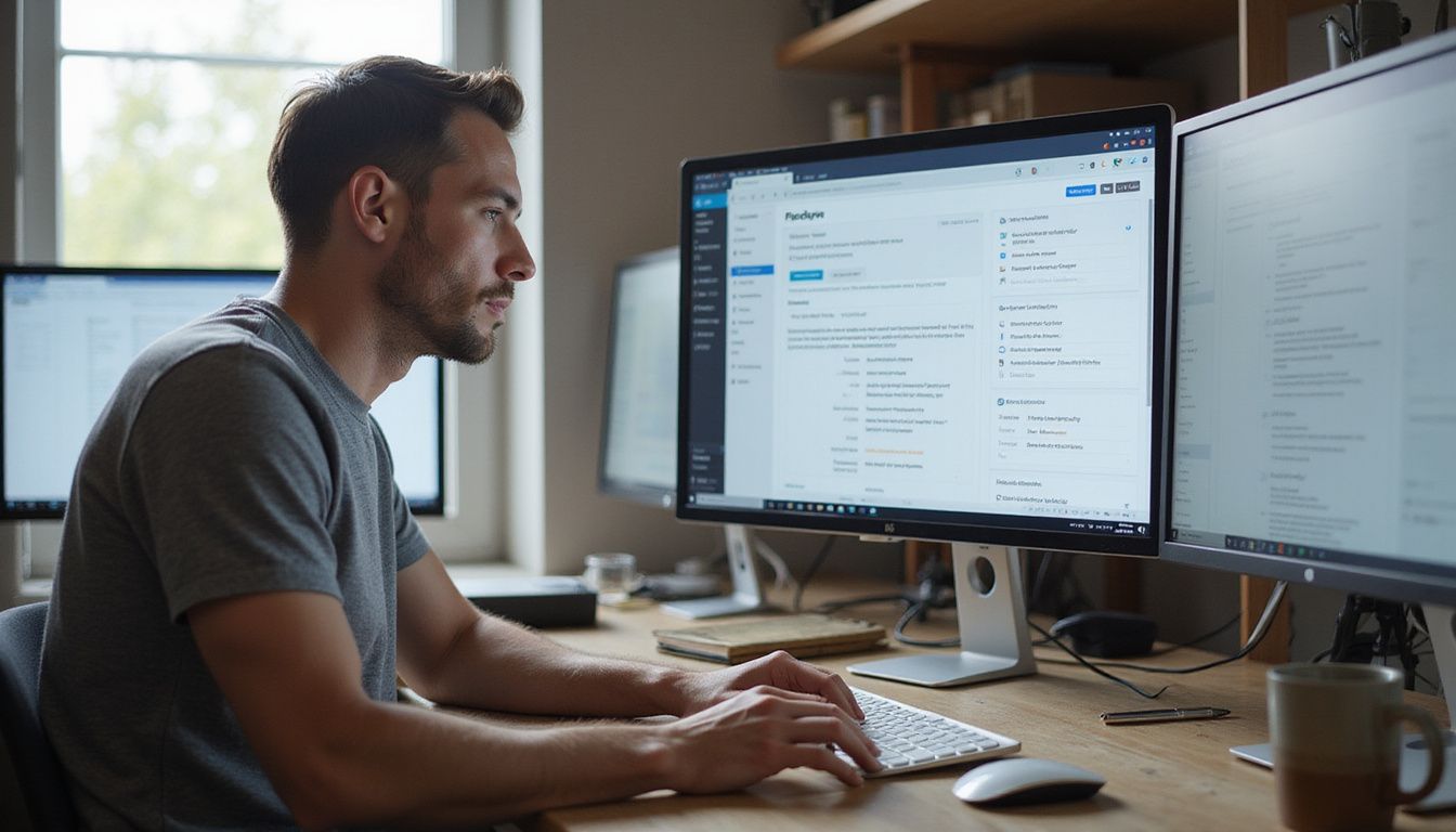 A focused man works at a modern office desk with CRM software.