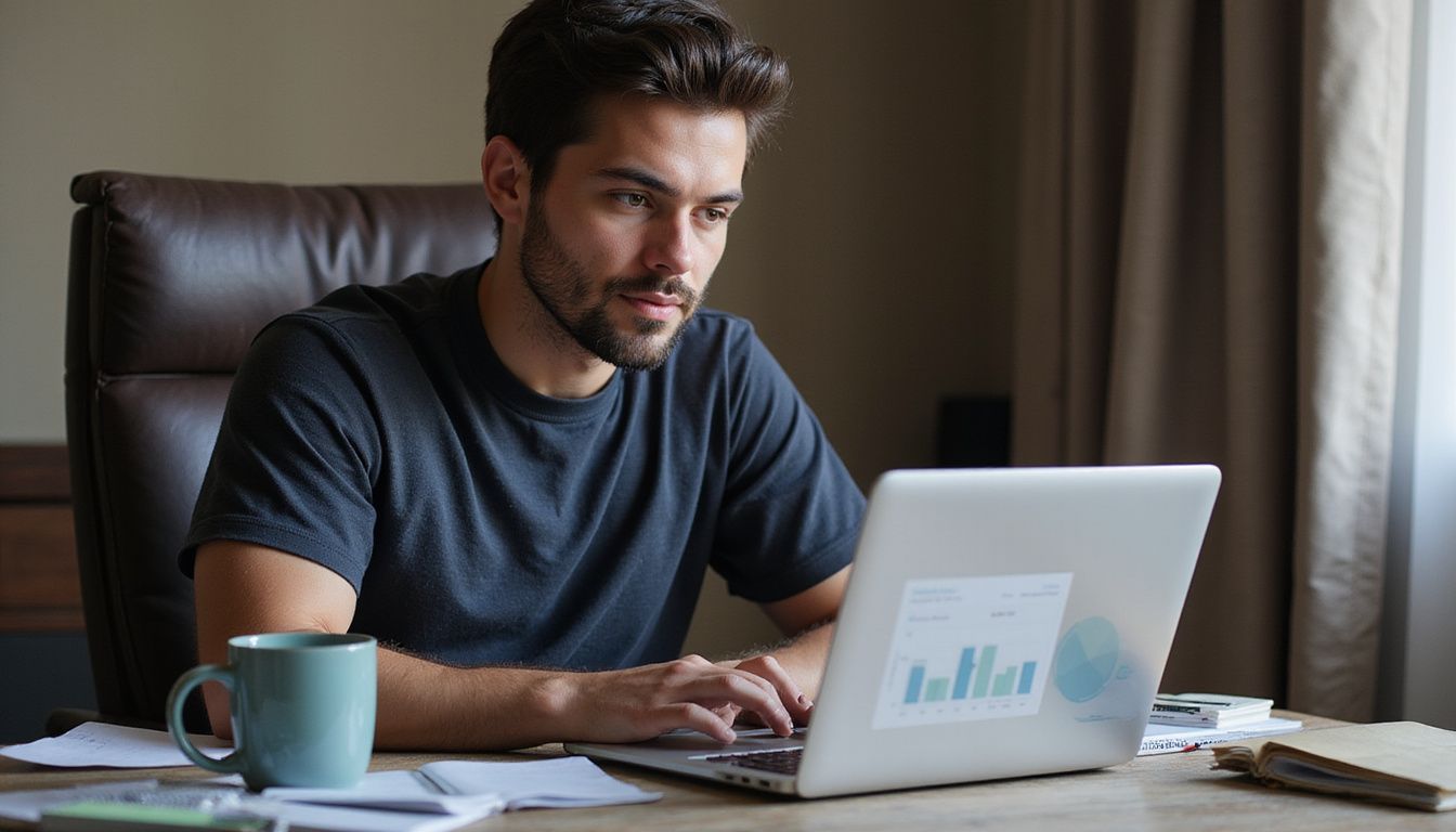 A focused individual works at a cluttered wooden desk.