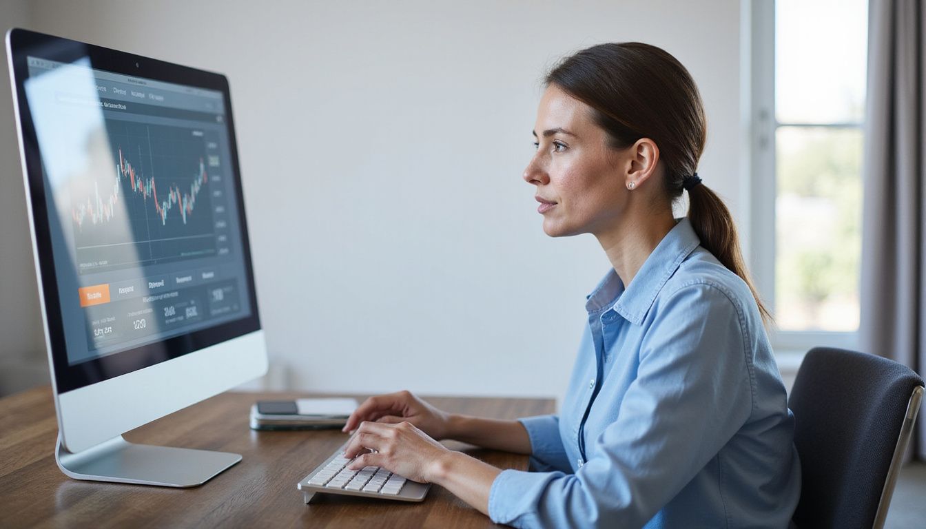 A focused woman analyses financial charts at a modern office desk.
