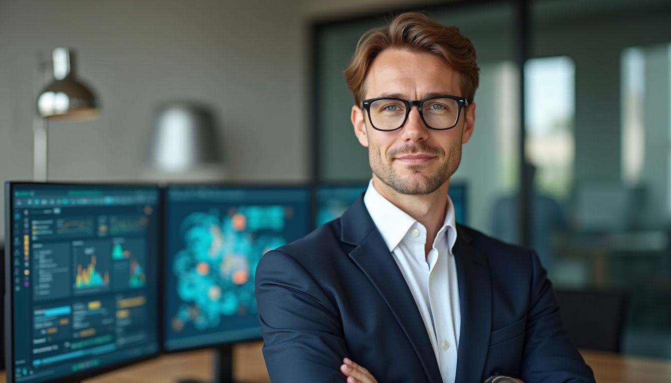 A confident businessman stands in a modern office showcasing AI technology.