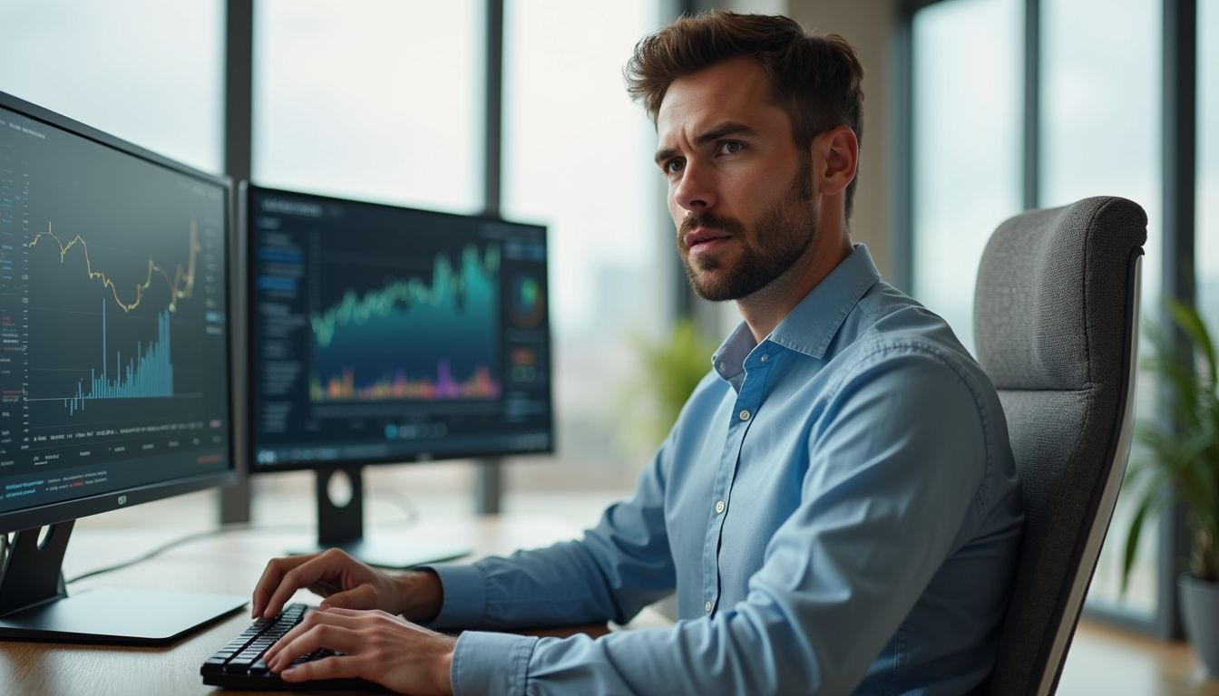 A focused man analyses data on multiple screens in a modern office.