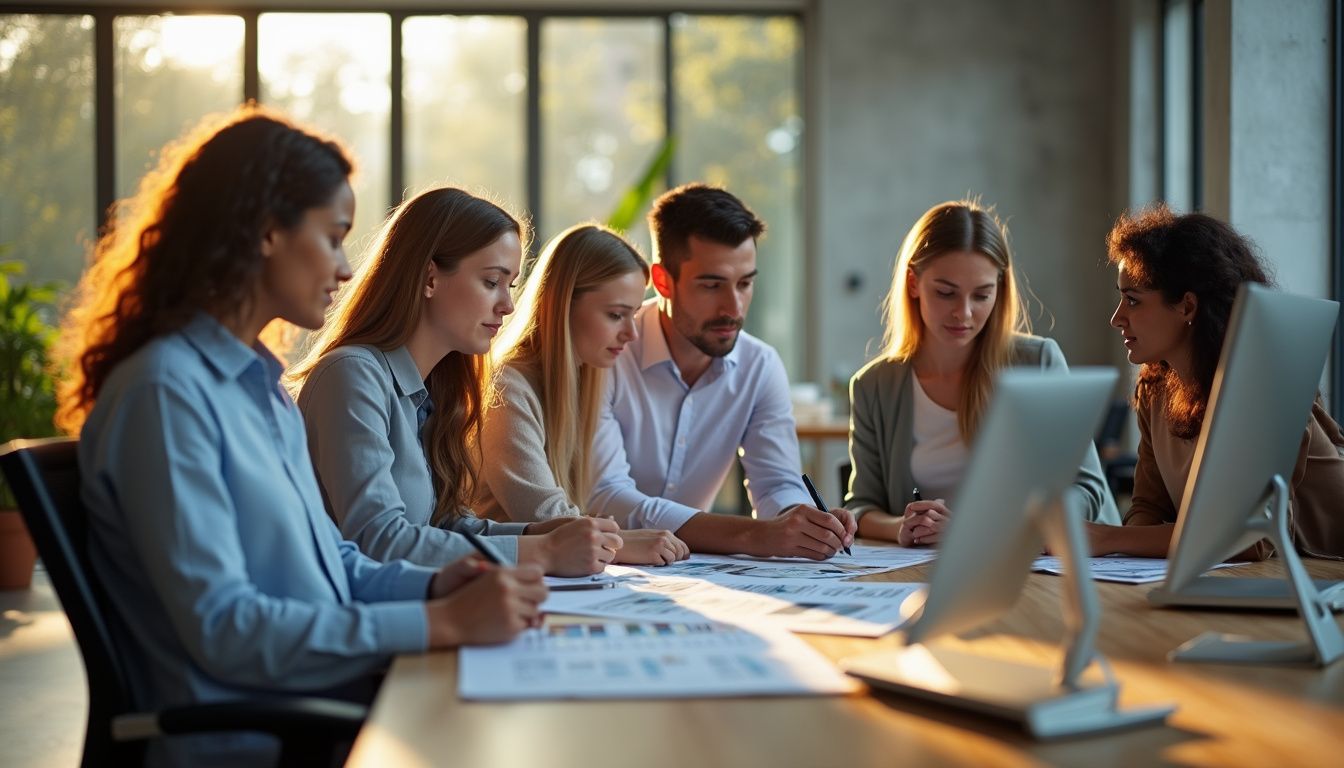 A diverse team collaborates in a modern, minimalist office setting.
