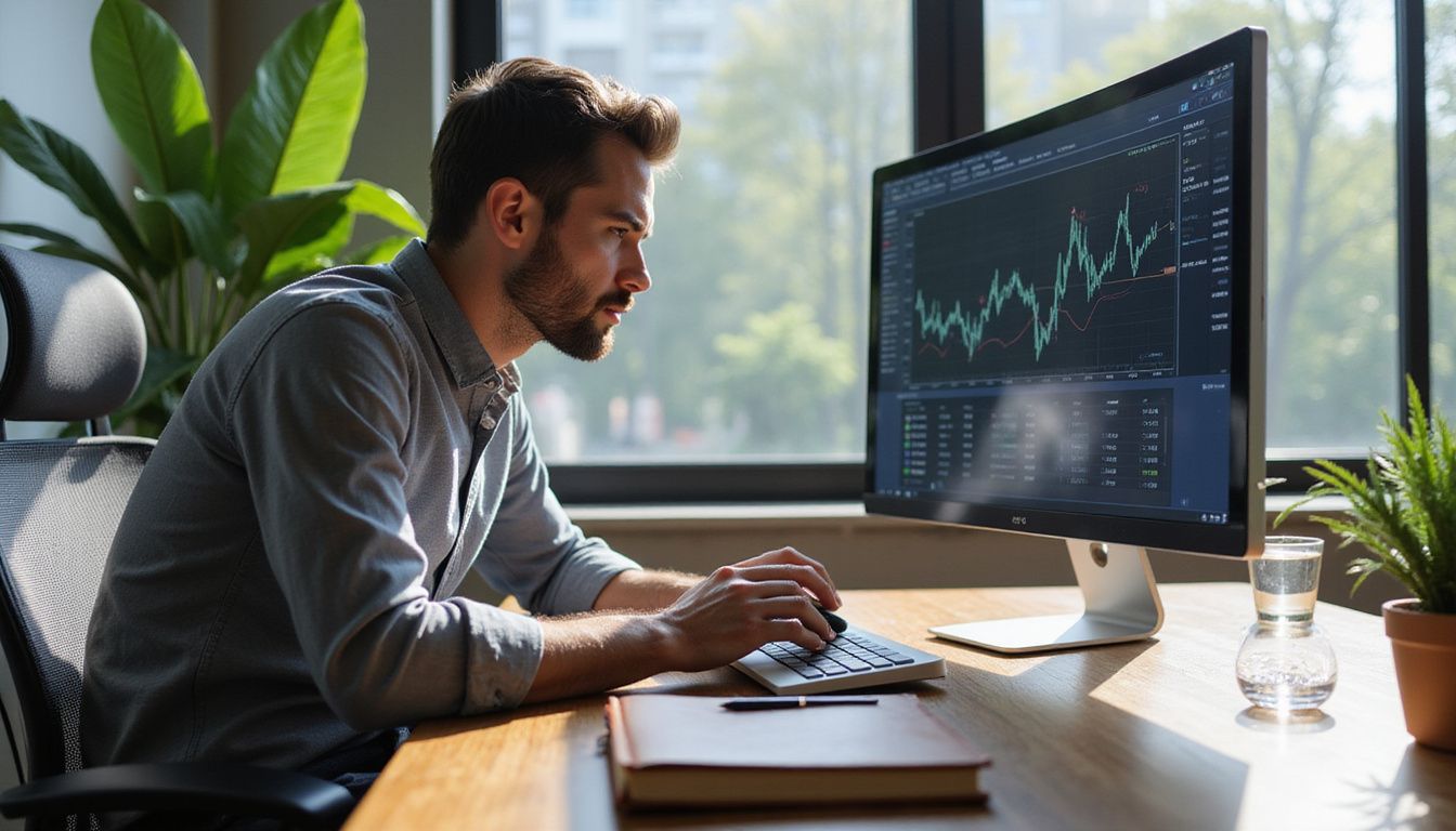 An AI specialist analyses complex financial data in a modern office.