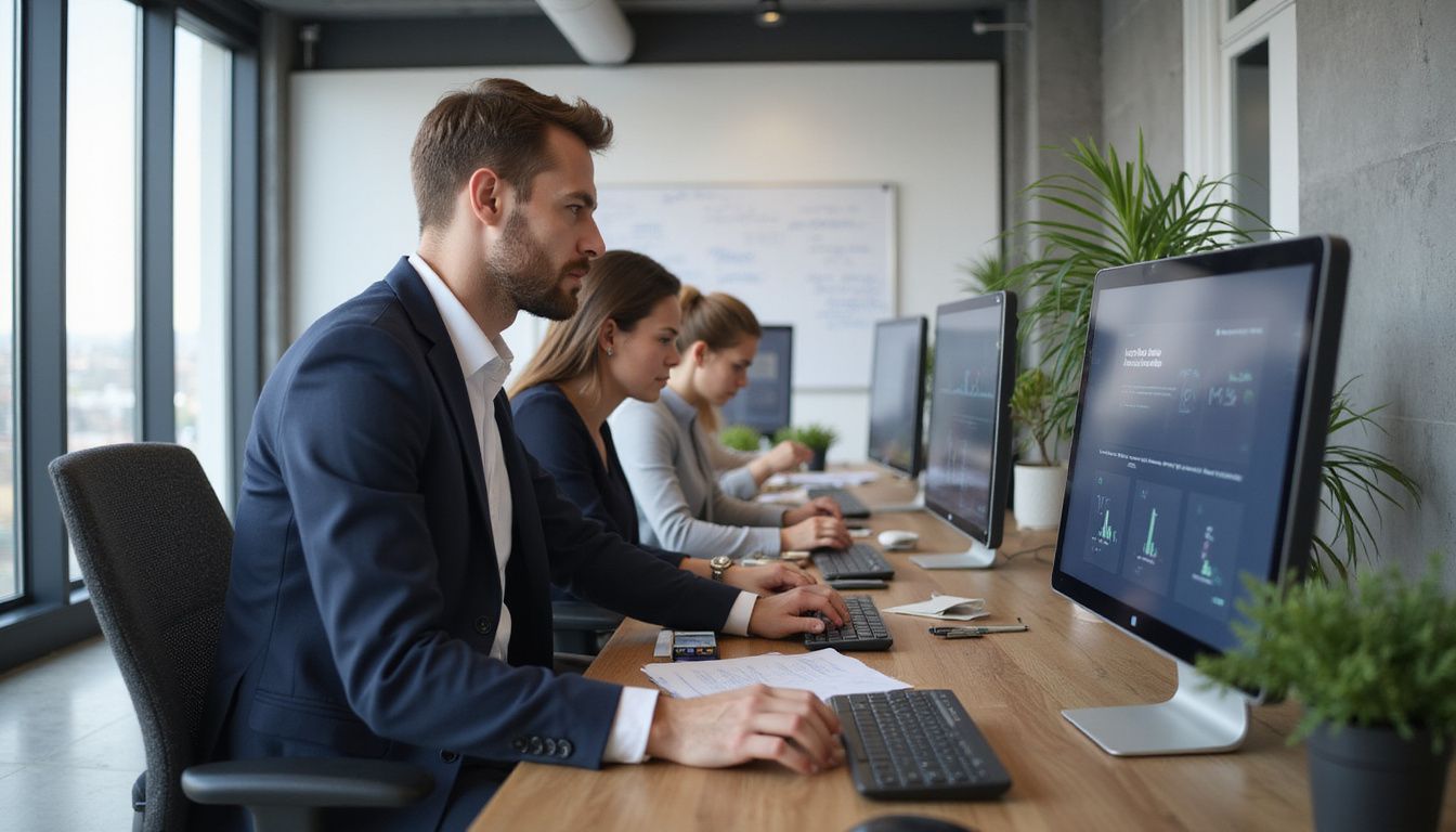 Professionals collaborate in a modern office, utilising advanced technology.