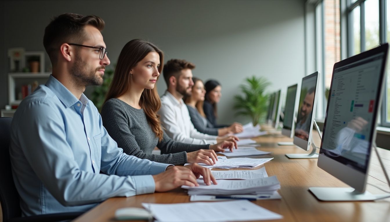 A modern office with engaged employees collaborating at a large desk.