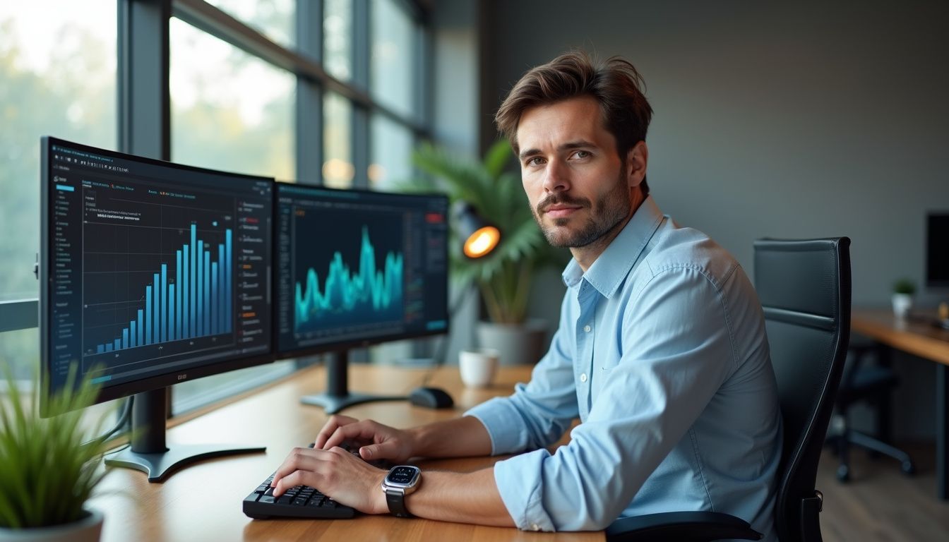 A focused man works on multiple monitors in a modern office.