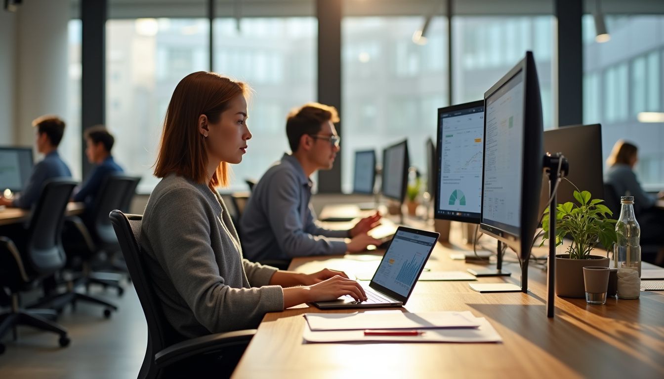 A modern office scene showcasing collaborative employees using advanced technology.