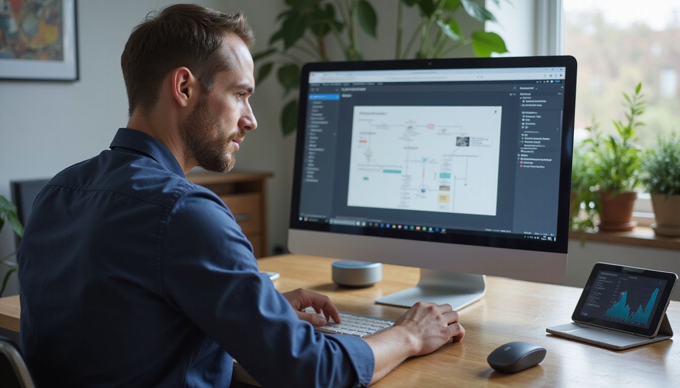 A man uses advanced technology at a polished oak office desk.