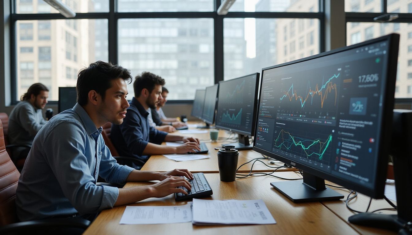 A modern office bustling with focused professionals at sleek desks.