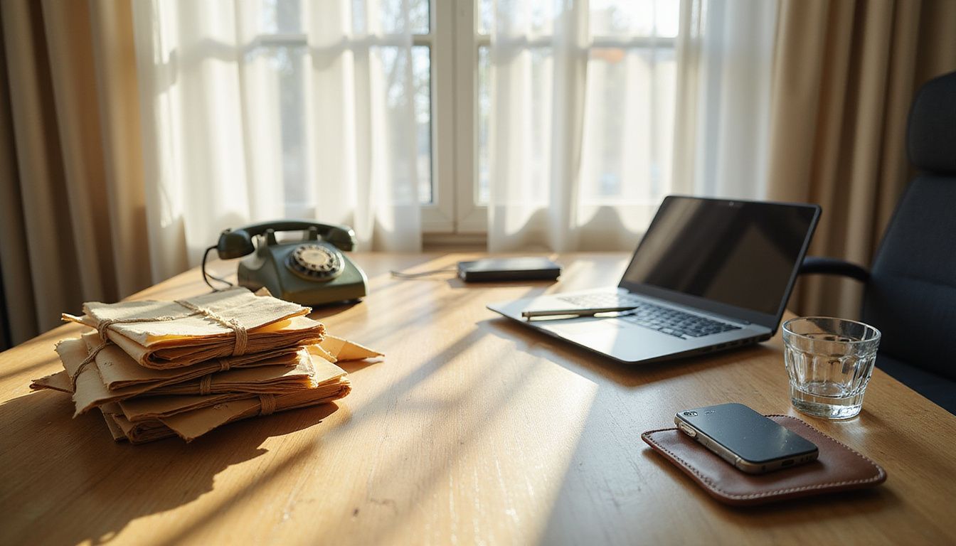 An office desk juxtaposing vintage and modern office equipment.