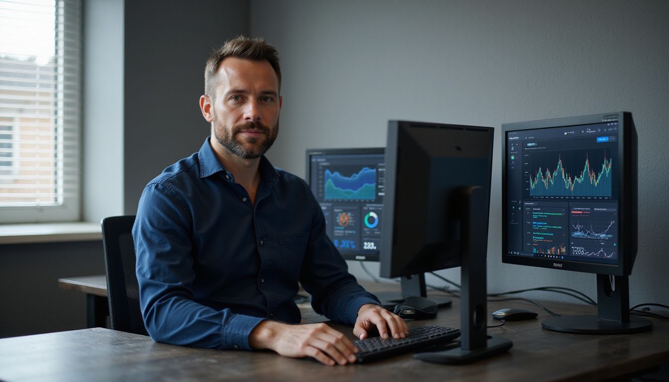 A focused man analyses data in a modern office environment.
