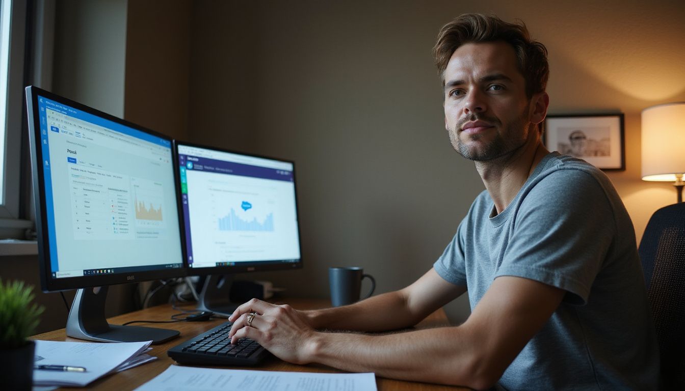 A focused man works at a desk with multiple computer monitors.