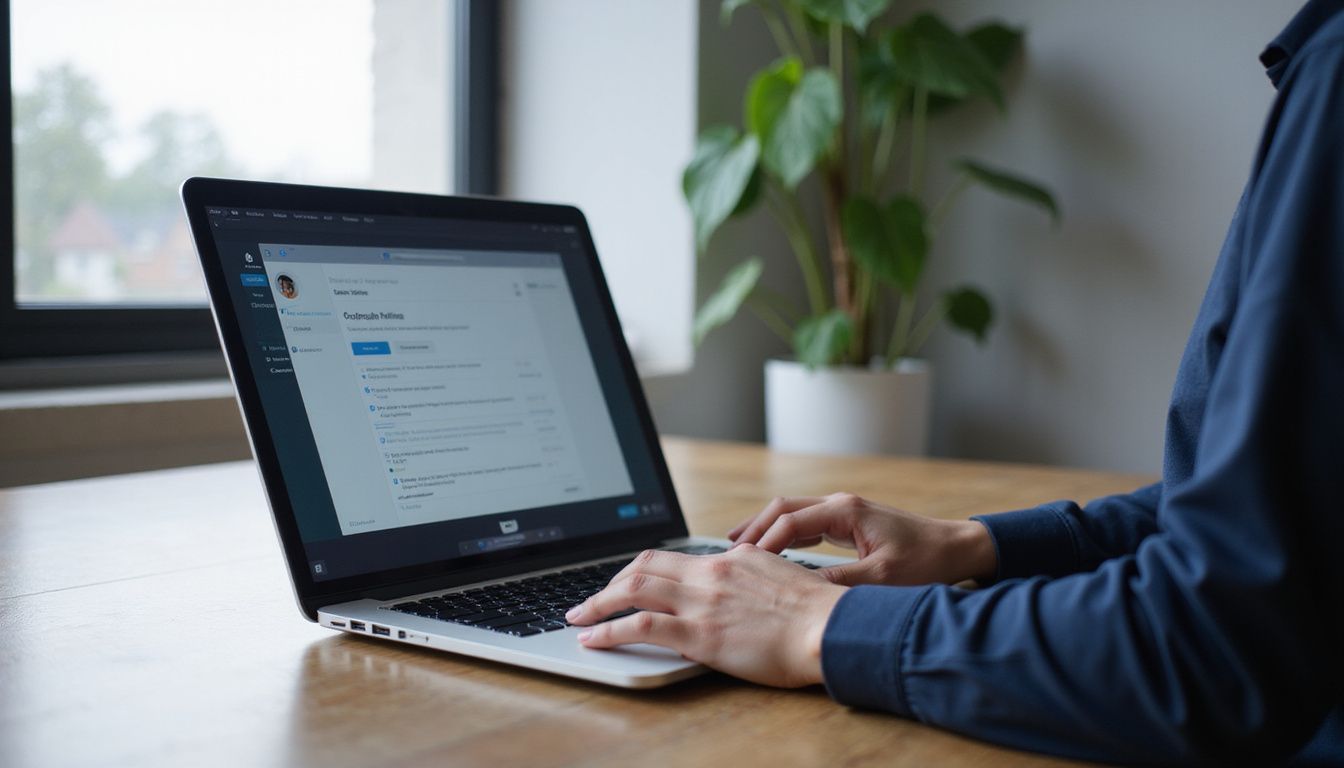 A person interacts with a laptop displaying a customer feedback survey.