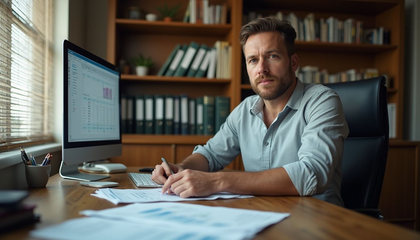A focused man works at a wooden desk surrounded by sales reports.
