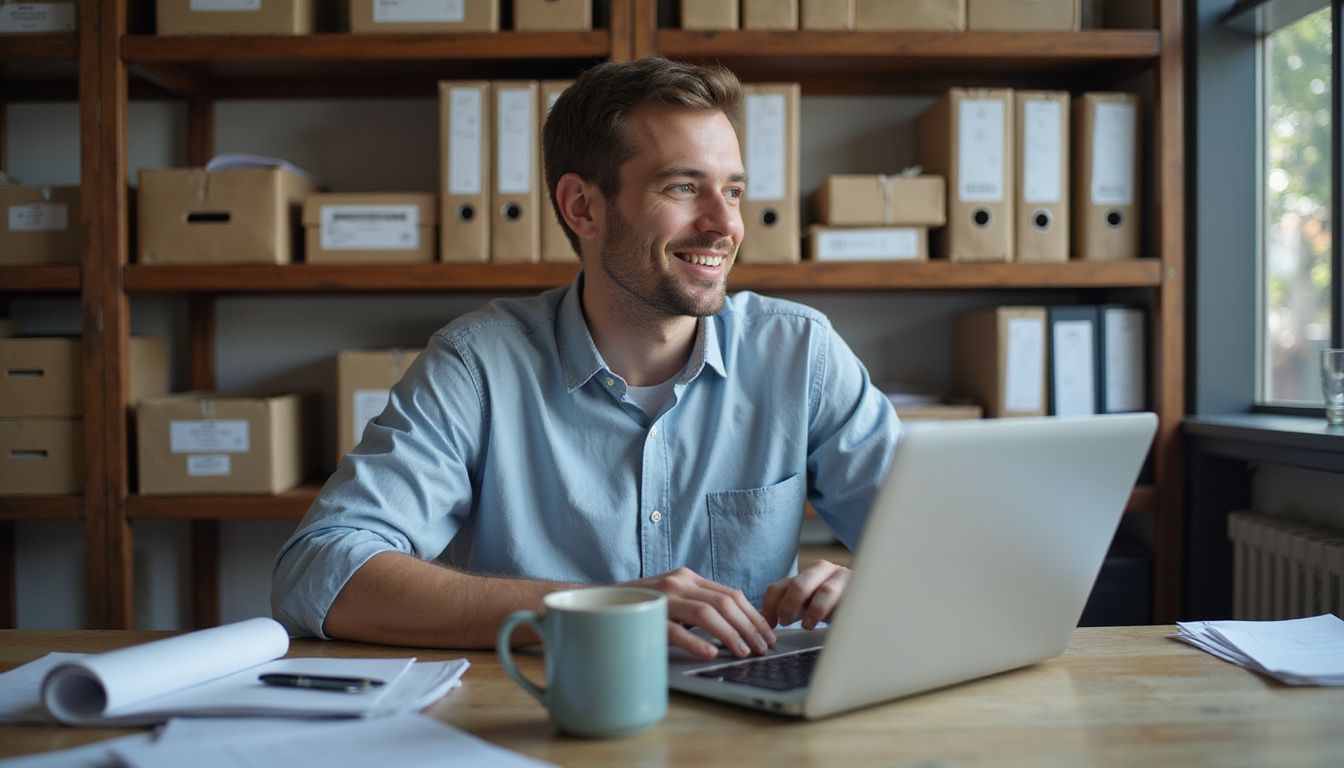A man smiles while working at his cluttered office desk.