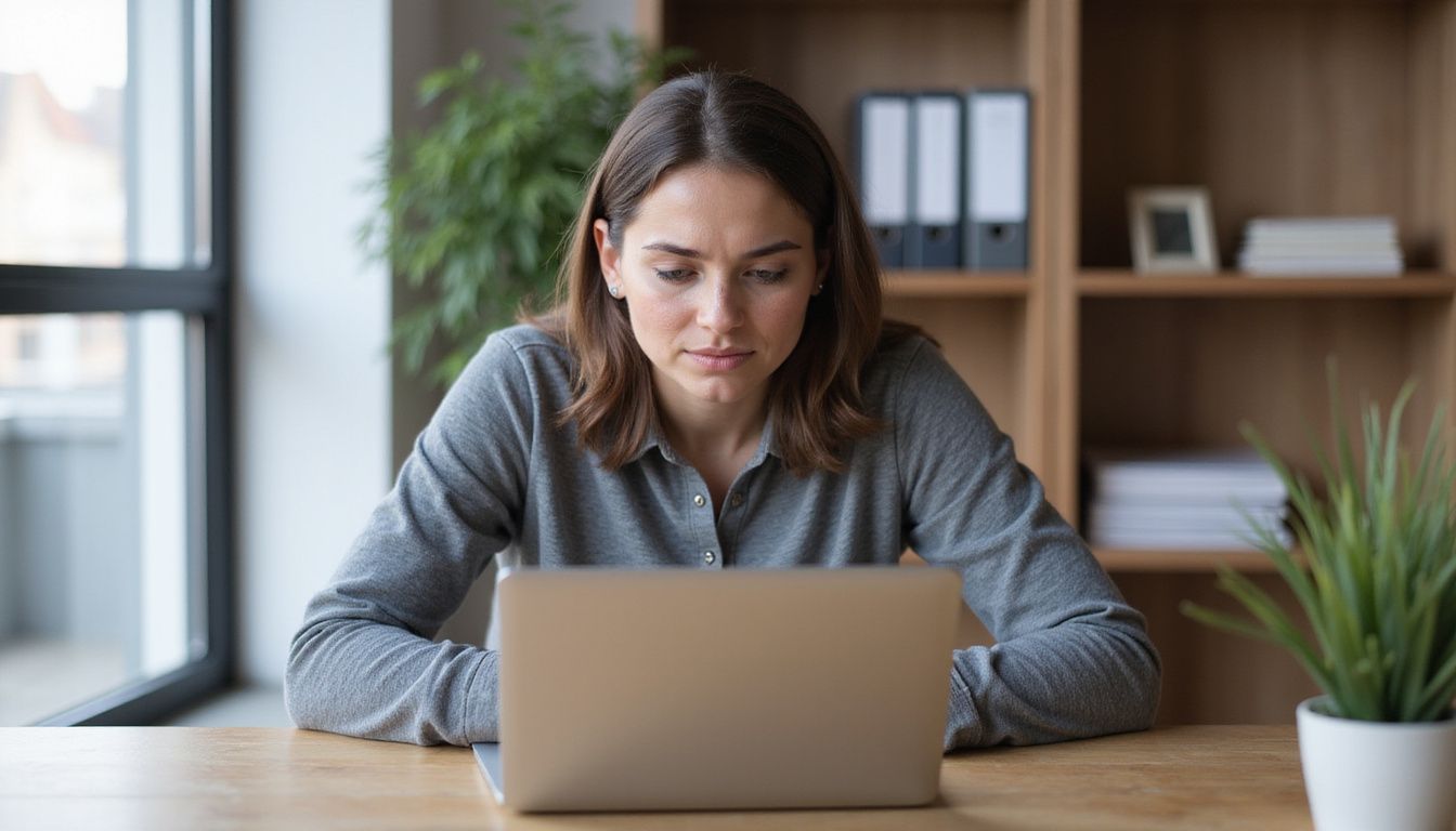 A woman concentrates on her laptop at a modern office desk.