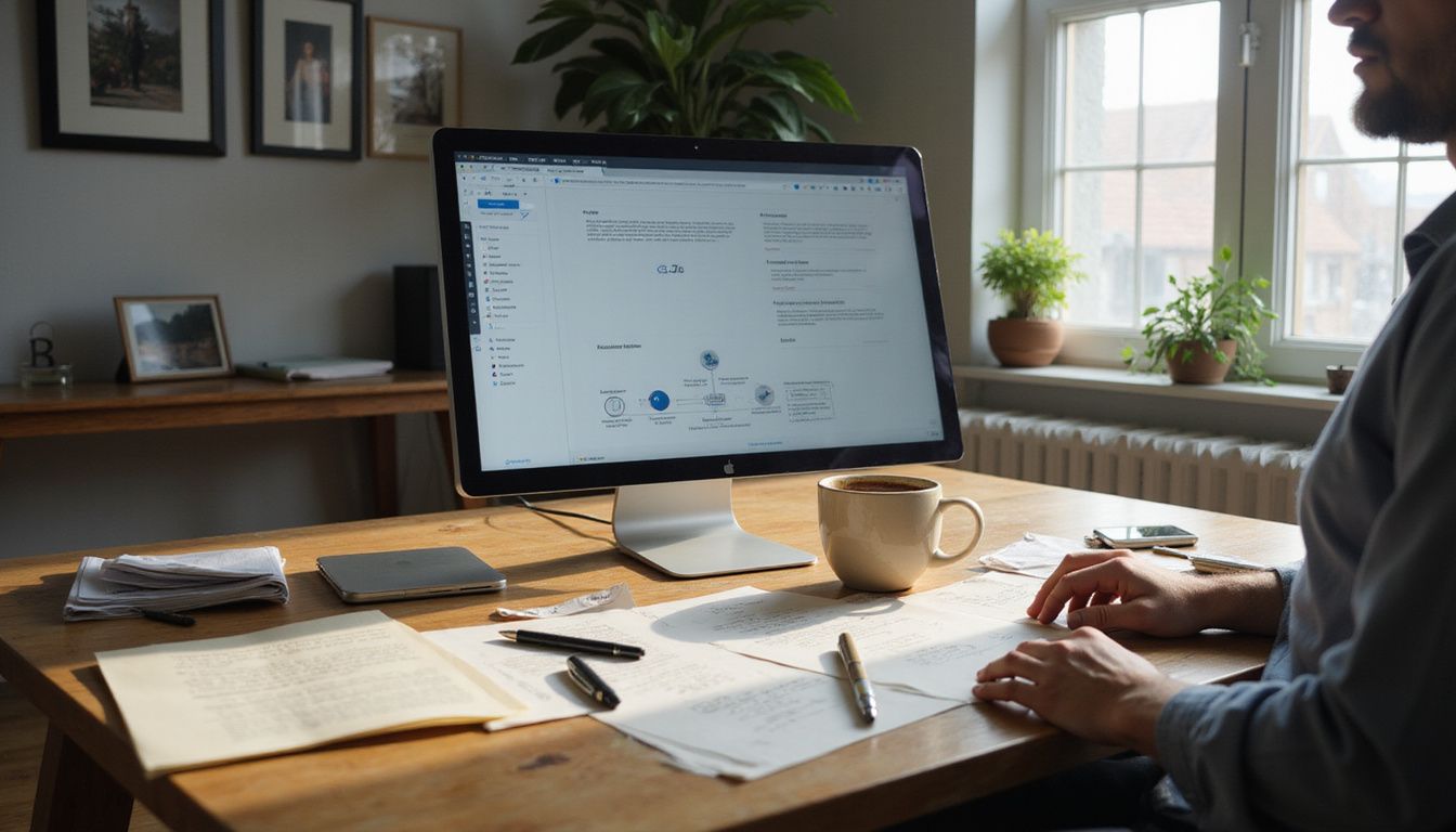 A cluttered office desk showcases a focused individual engaged in work.