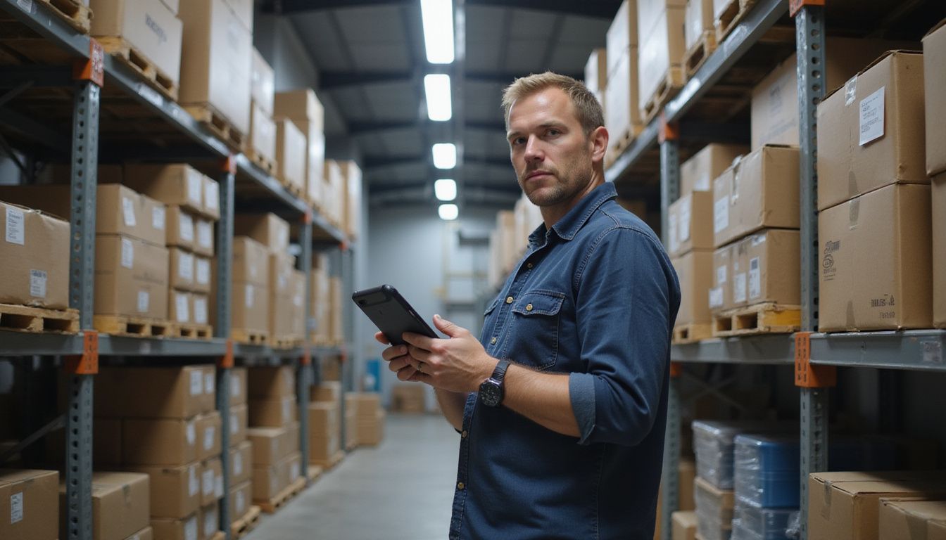 A warehouse employee scans barcodes amidst organised shelving units.