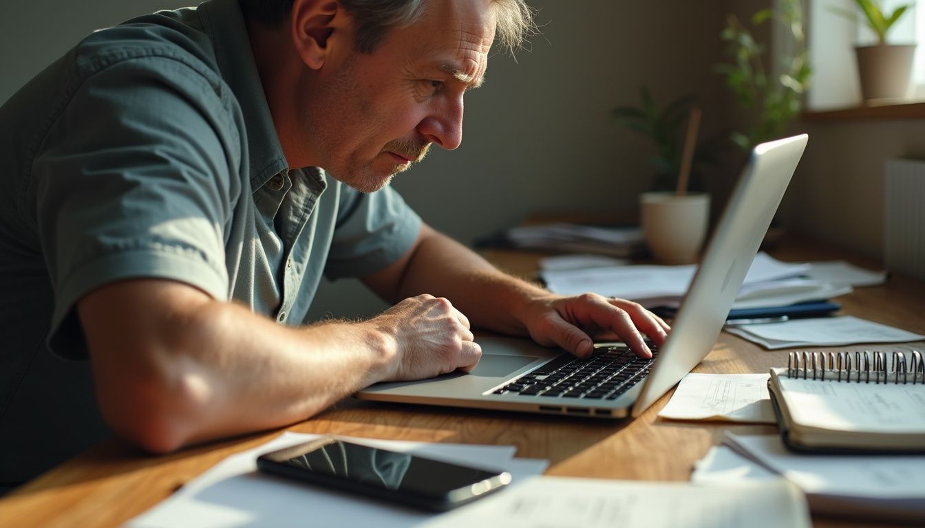 A person works intently at a cluttered wooden desk.