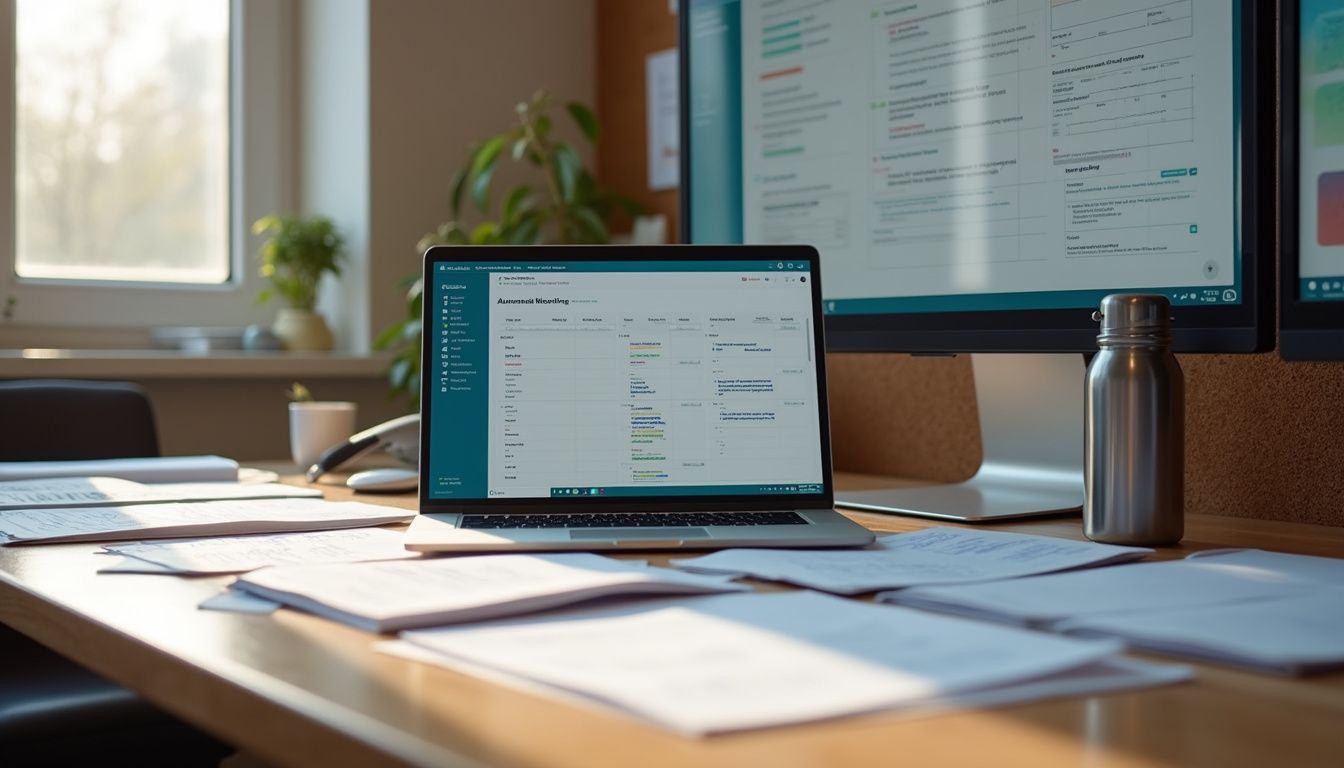 An organised workspace featuring a laptop, monitor, and stationery.
