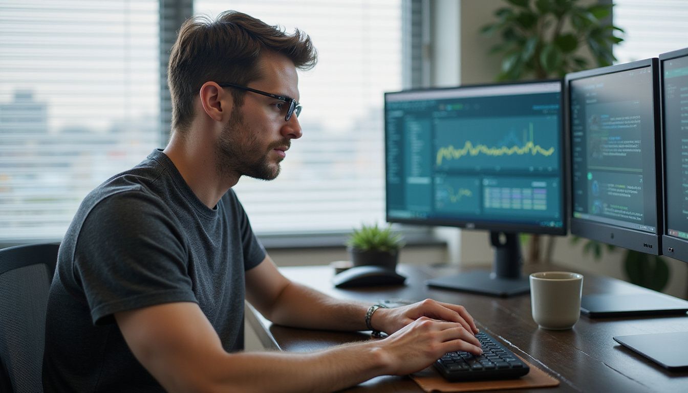 A focused man types at a sleek desk in a modern office.