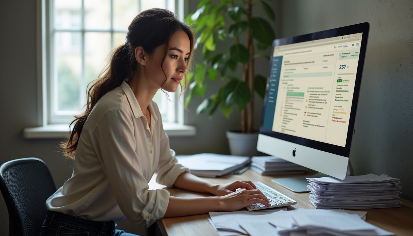 A focused woman works at a cluttered desk in her office.
