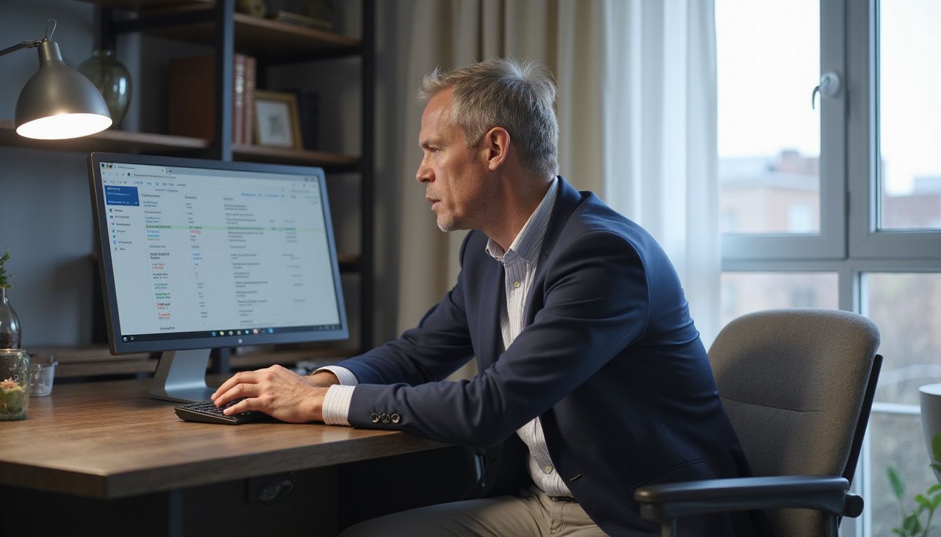 A middle-aged man focuses on digital purchase orders at his desk.
