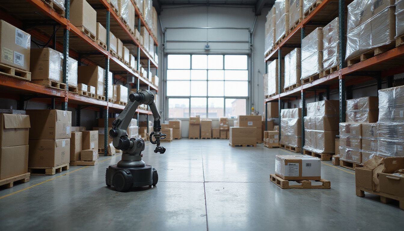 A robotic arm operates in a meticulously organised industrial storage area.