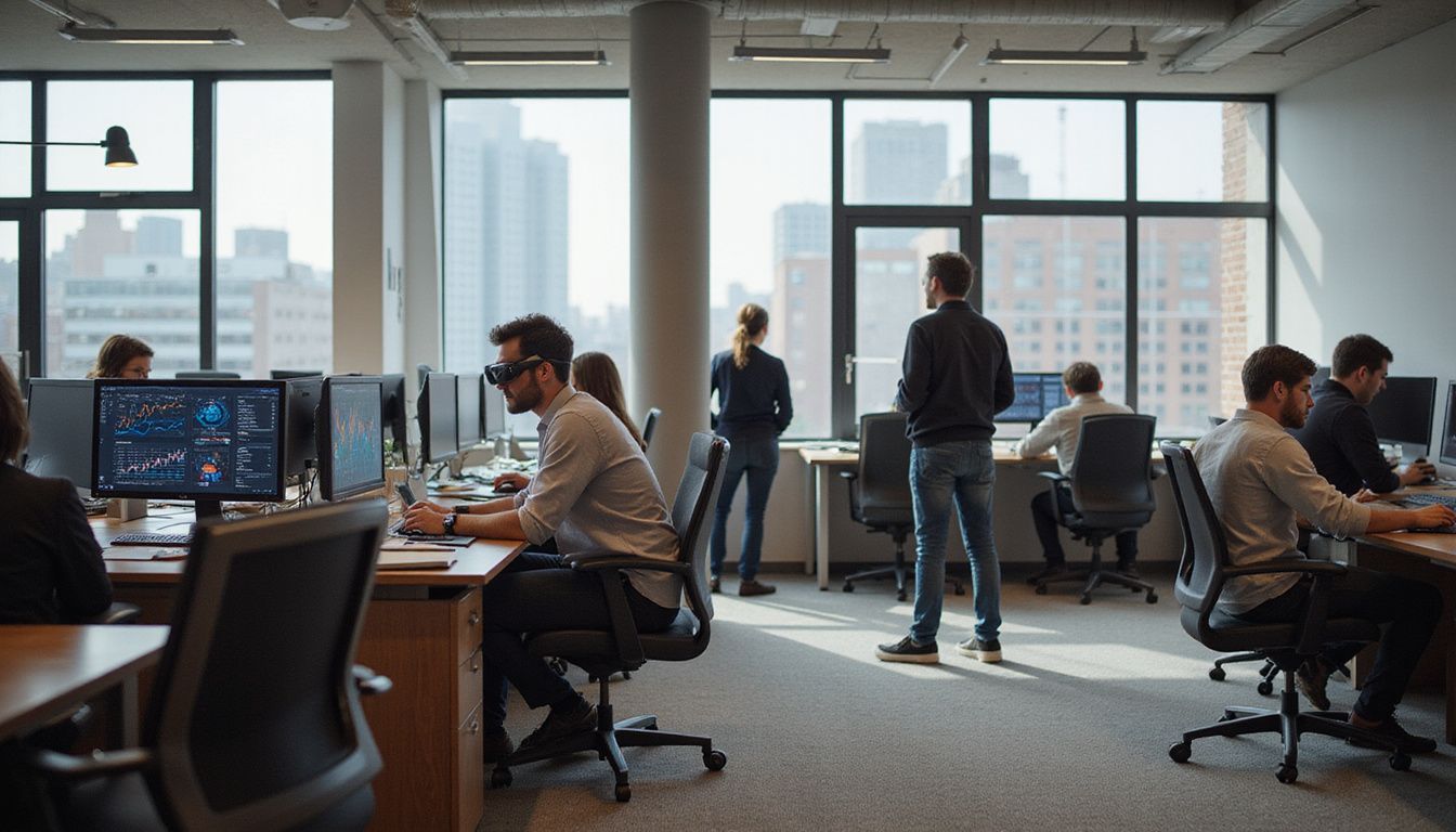Modern office workspace in 2025 with engaged employees using advanced technology.