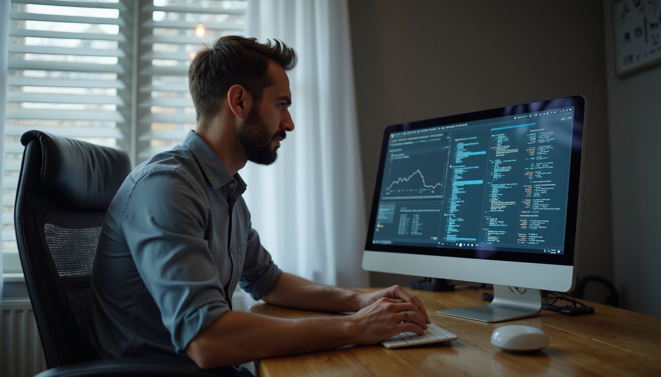 A focused individual works at a sleek wooden desk on cybersecurity.