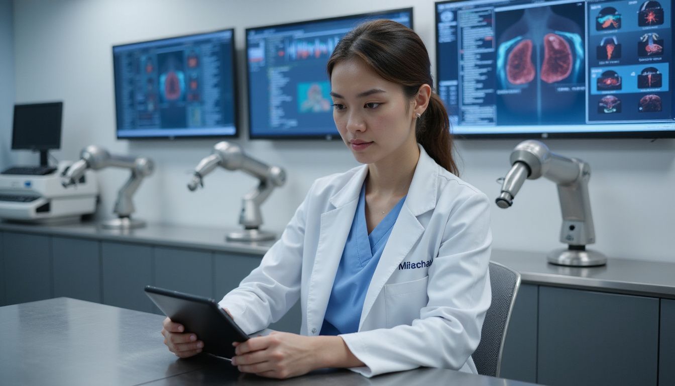 A female doctor uses a tablet in a modern telemedicine clinic.