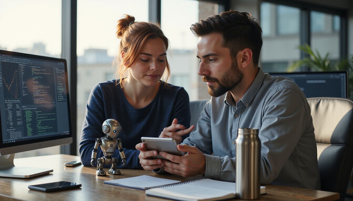 A man and woman collaborate on technology in a modern office.