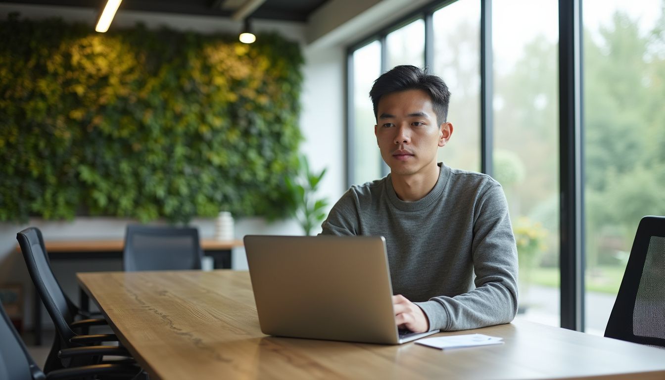 A person works at a minimalist desk in a sustainable office.