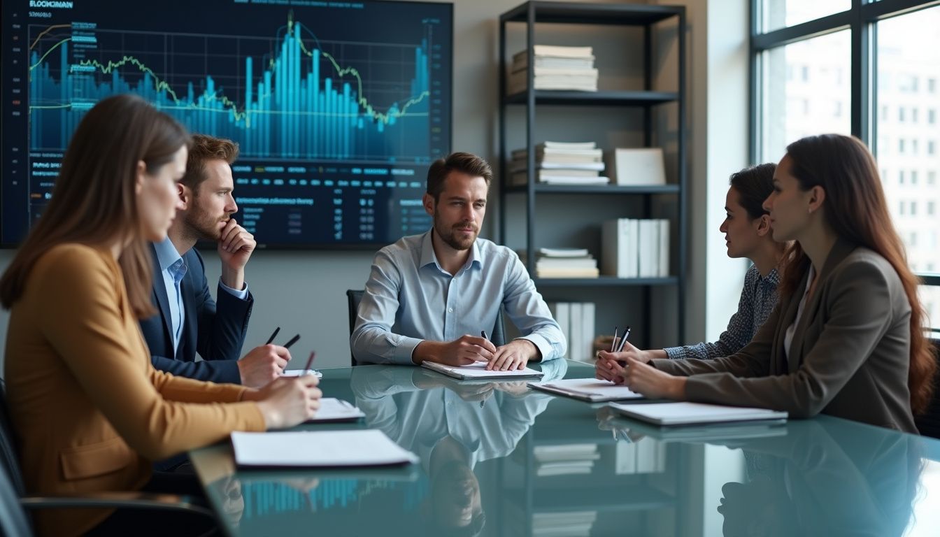 A diverse team of financial professionals collaborates on blockchain data analysis.