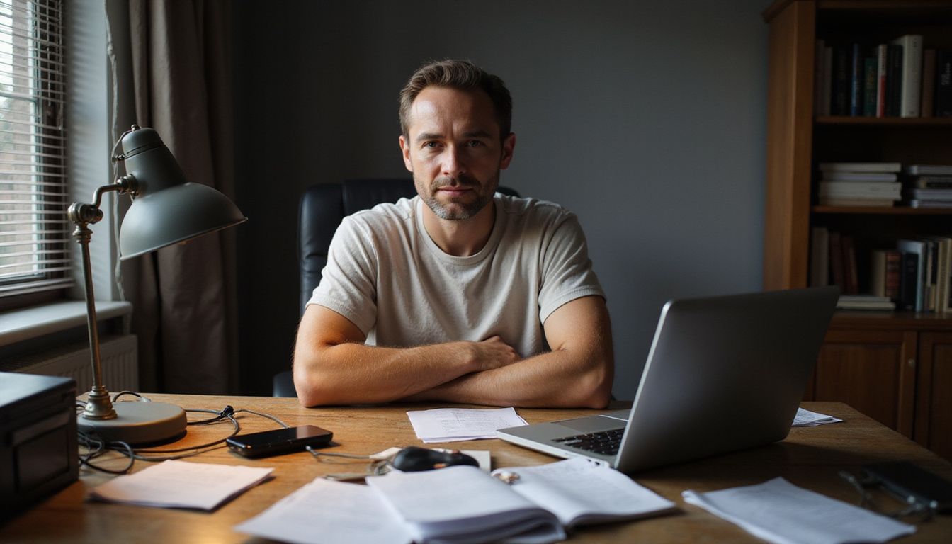 A man appears overwhelmed at his cluttered desk, focused on work.