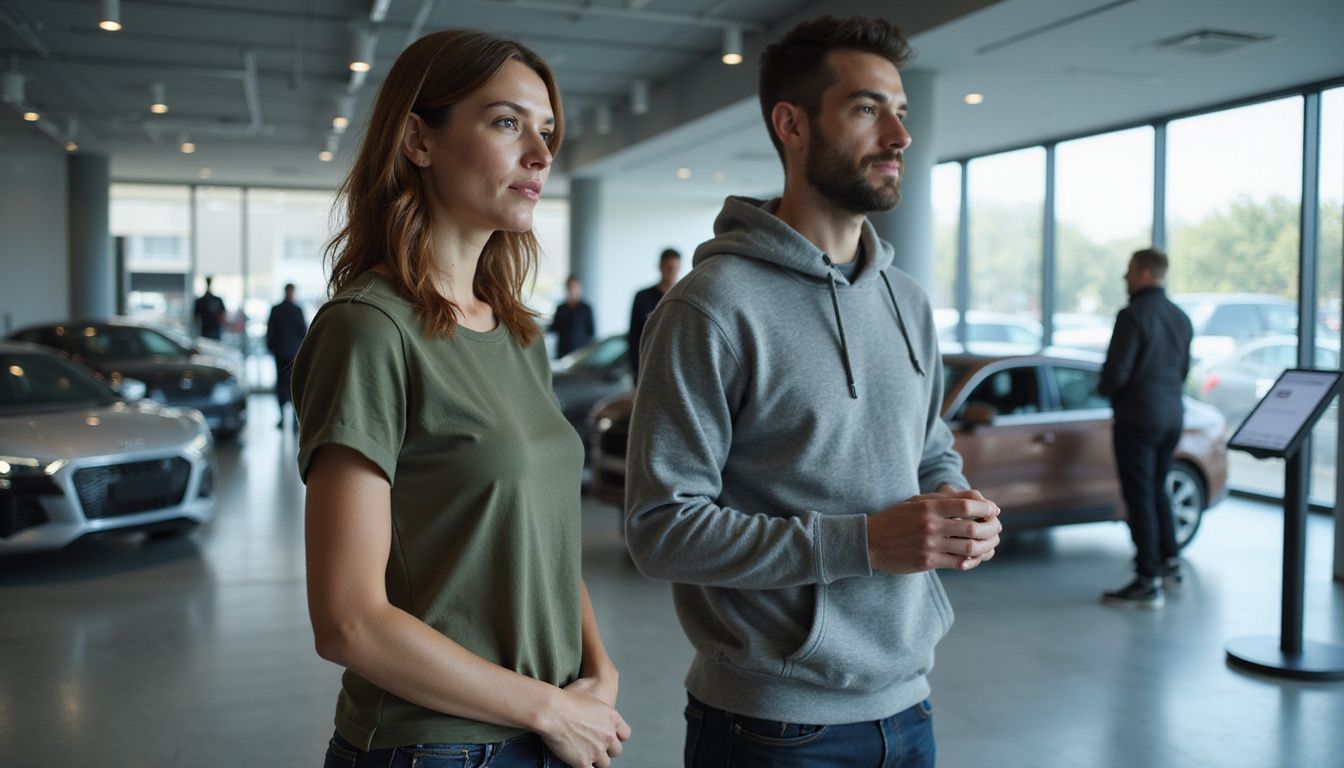 A couple explores a modern digital showroom featuring Audi's latest models.