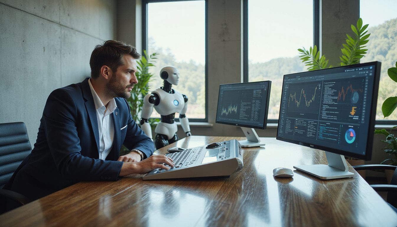 A modern workspace featuring advanced technology and humanoid robots.