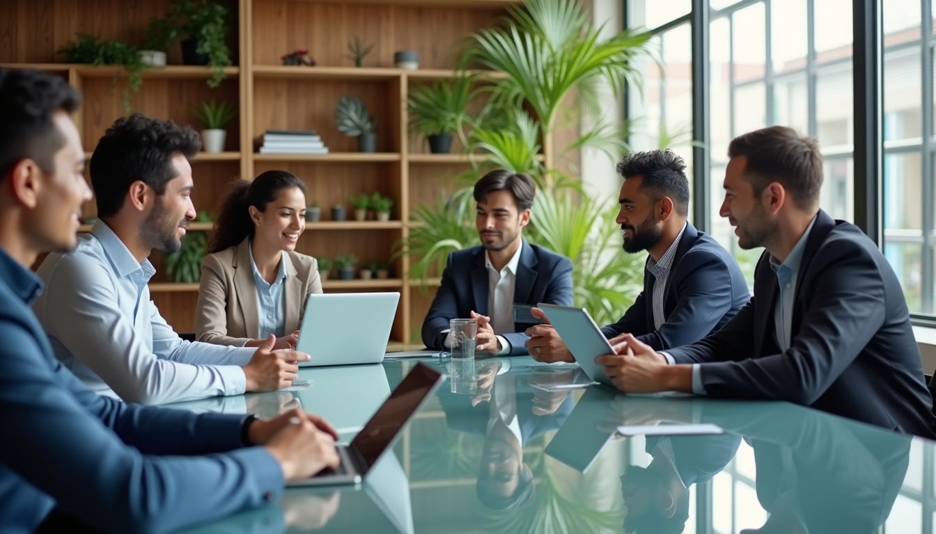 A diverse group of professionals collaborates around a modern conference table.