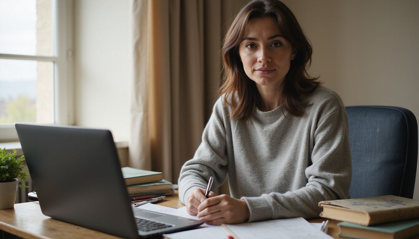 A woman in a cluttered office deeply focused on her notes.