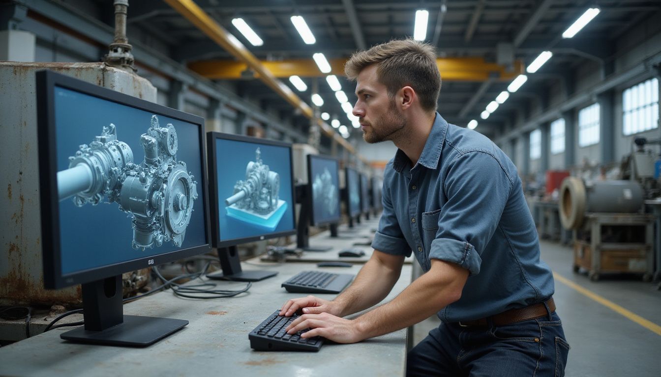 An engineer types focused on digital simulations of heavy machinery.